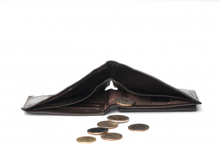 Empty wallet – broke.